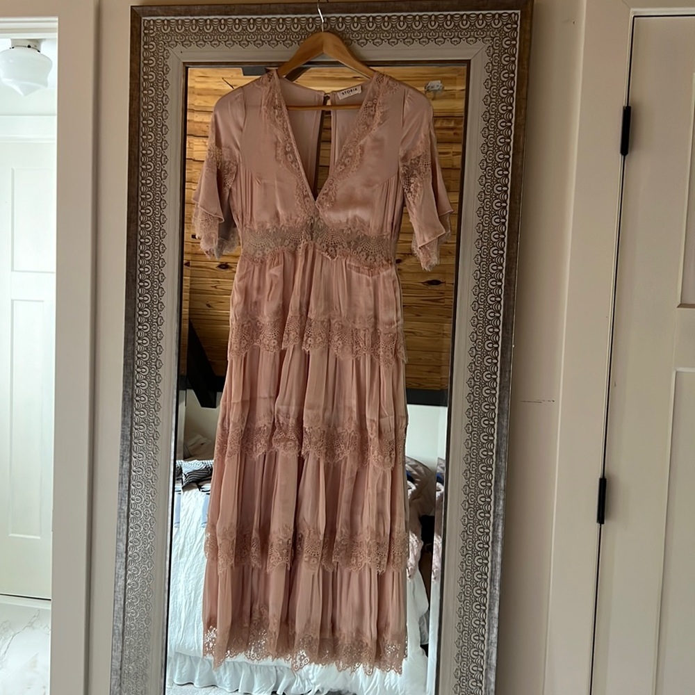 NWTOT Storia Light Pink Boho Layered Lace Ruffle Maxi Dress Size Small